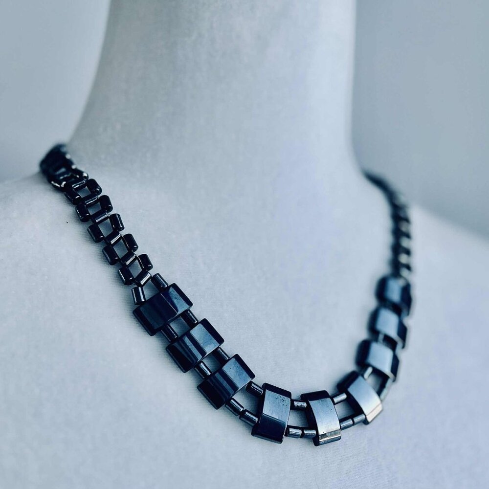 Vintage 1960-70s Hematite Geometric Block Necklace with Screw Barrel Clasp - 20"